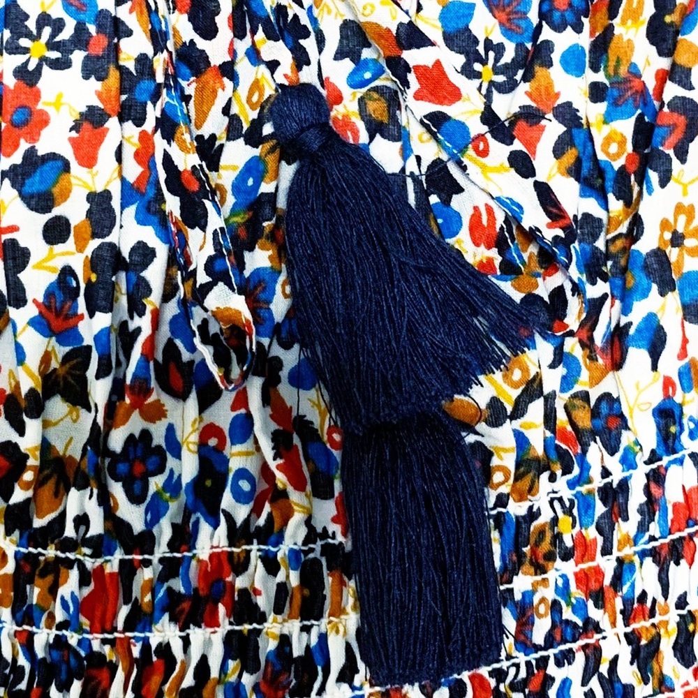 Tory Burch Wildflower Floral Tiered Off shoulder Smoked Navy piping Midi Dress S - Picture 15 of 17